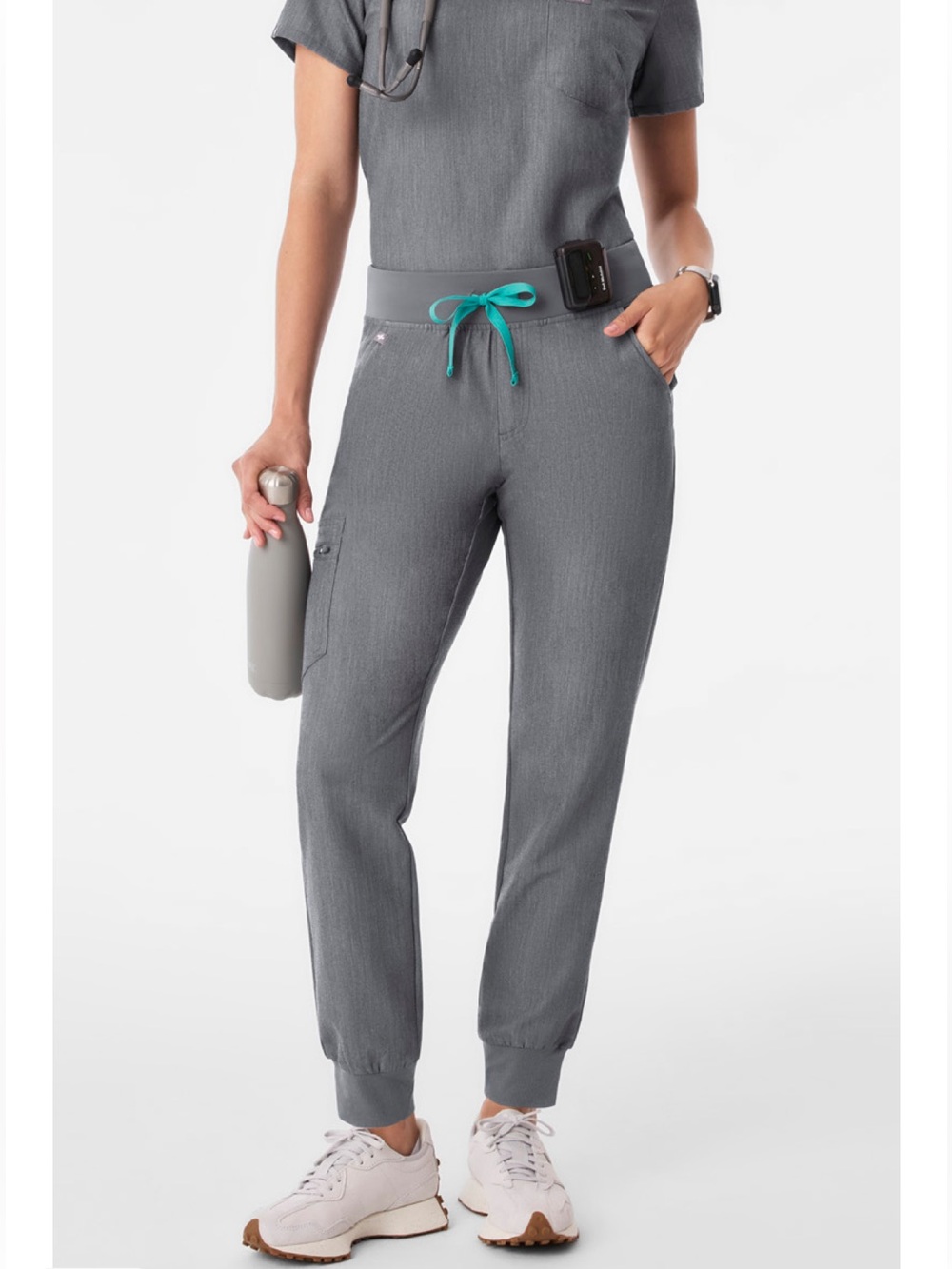 Figs Gray Jogger Scrub Pants with Teal Drawstring